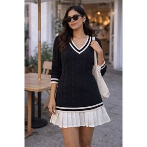 Derek Heart Black Cable Knit Tennis Dress Pleated Skirt Layered V Neck L